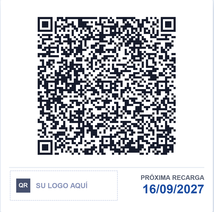 Etiqueta con código QR generada por el sistema, con el logotipo de la empresa y la fecha de próxima recarga