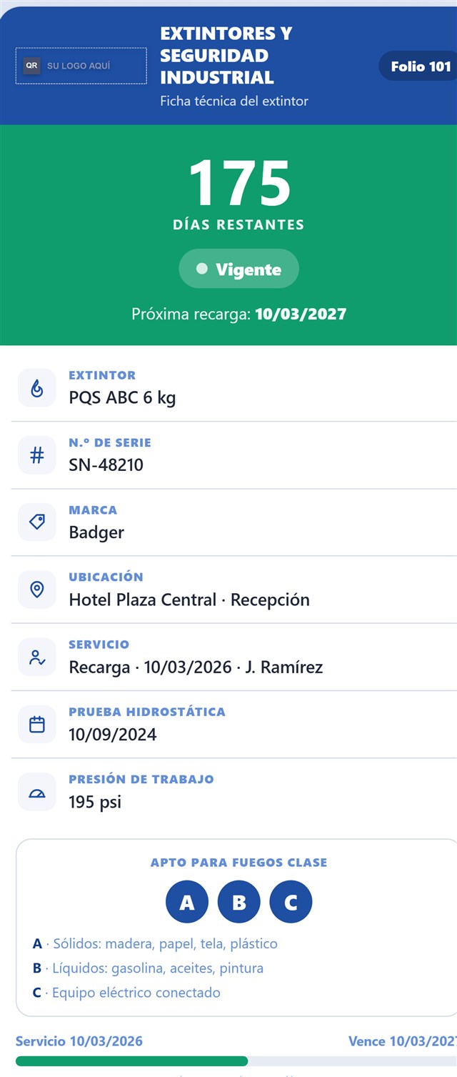 Ficha del extintor vista en un celular: días restantes, estado vigente, datos del equipo y botones de contacto